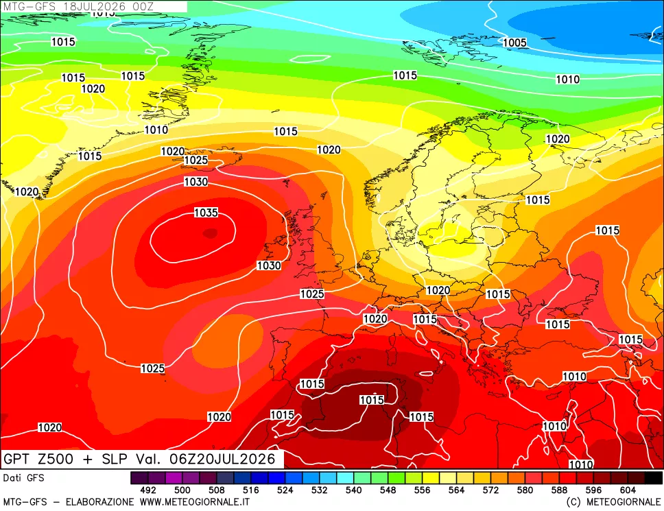mappa GFS: Geopotenziale a 500 hPa + Pressione sul livello del mare