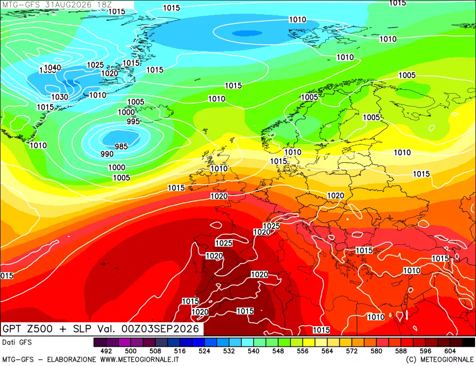 mappa GFS: Geopotenziale a 500 hPa + Pressione sul livello del mare