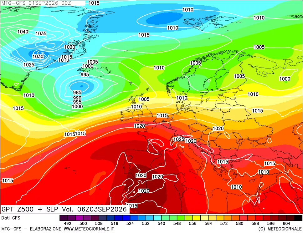mappa GFS: Geopotenziale a 500 hPa + Pressione sul livello del mare