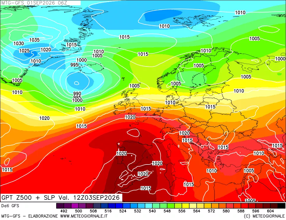 mappa GFS: Geopotenziale a 500 hPa + Pressione sul livello del mare