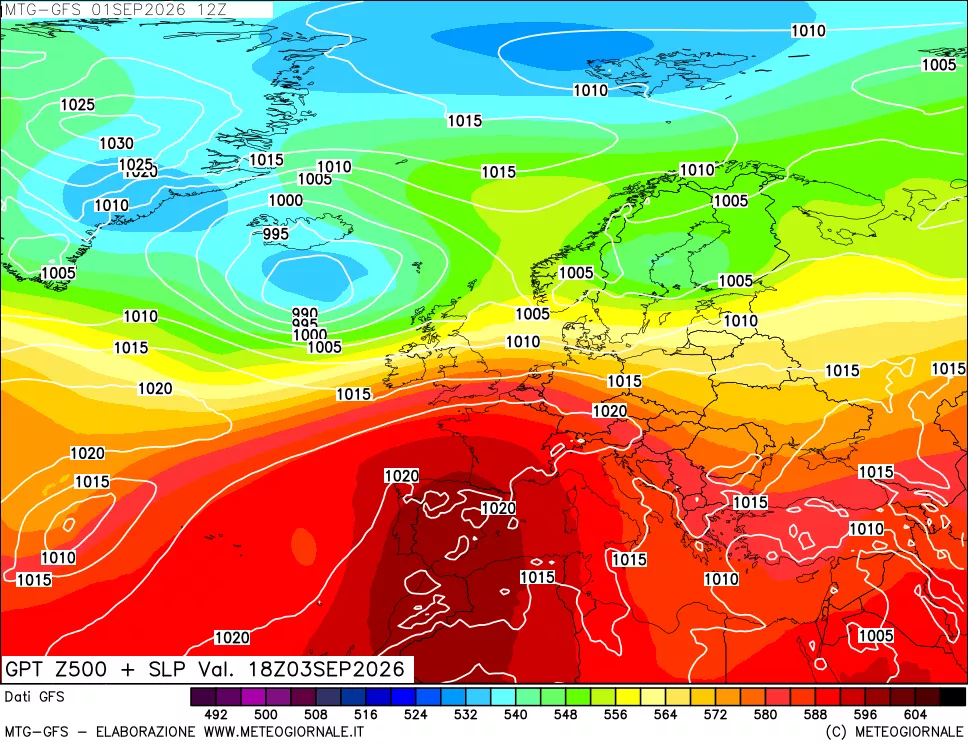 mappa GFS: Geopotenziale a 500 hPa + Pressione sul livello del mare