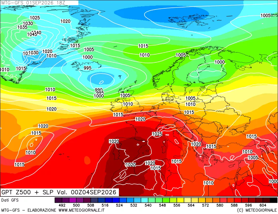 mappa GFS: Geopotenziale a 500 hPa + Pressione sul livello del mare