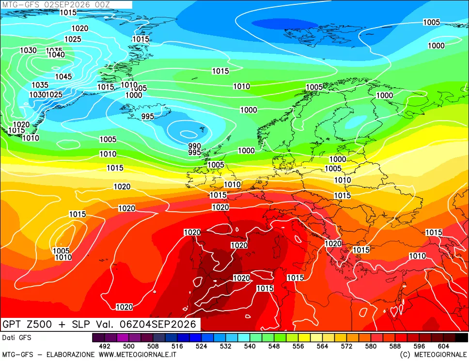 mappa GFS: Geopotenziale a 500 hPa + Pressione sul livello del mare