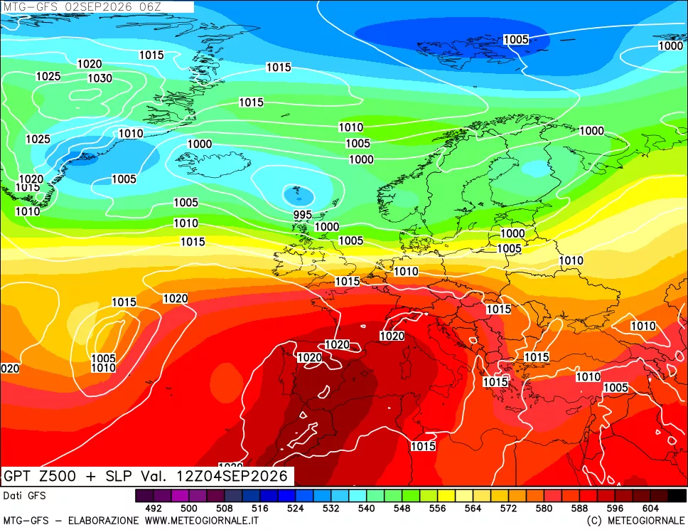 mappa GFS: Geopotenziale a 500 hPa + Pressione sul livello del mare