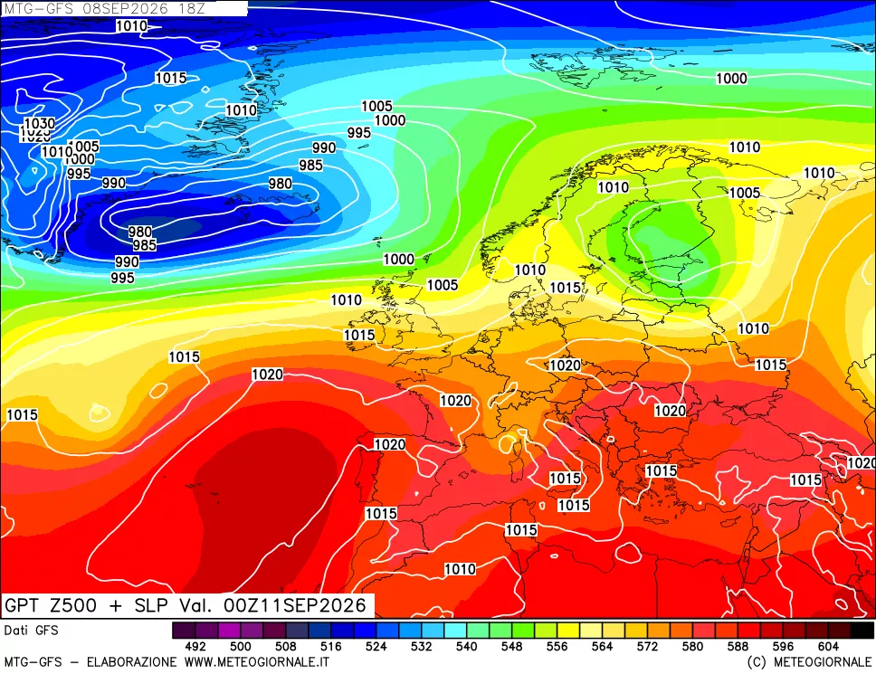 mappa GFS: Geopotenziale a 500 hPa + Pressione sul livello del mare