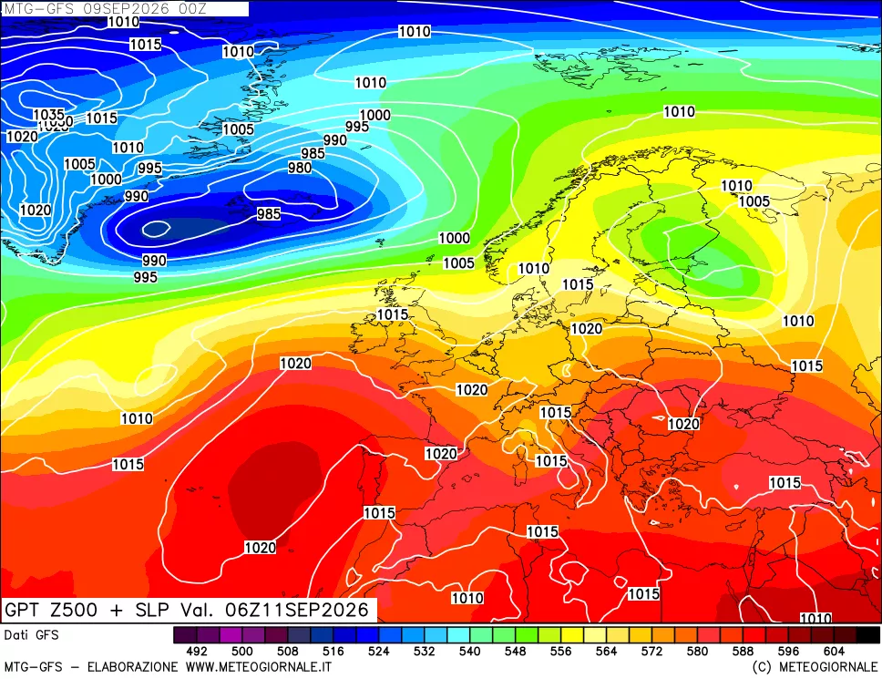 mappa GFS: Geopotenziale a 500 hPa + Pressione sul livello del mare