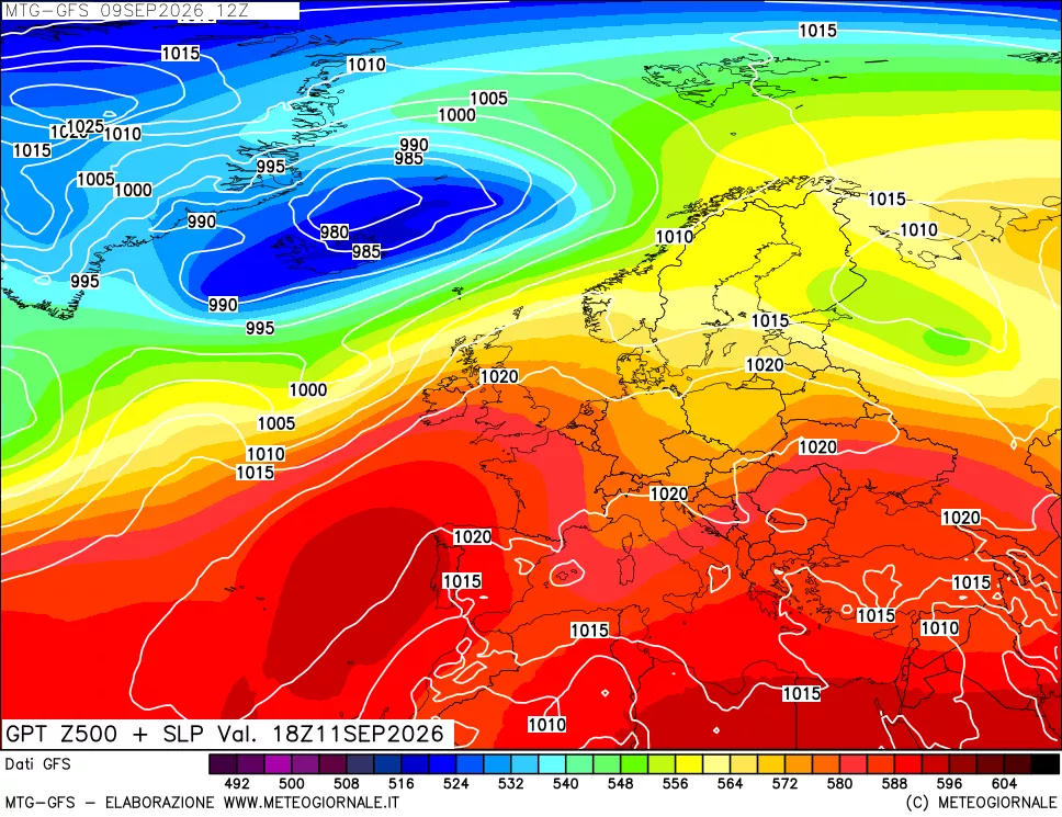 mappa GFS: Geopotenziale a 500 hPa + Pressione sul livello del mare