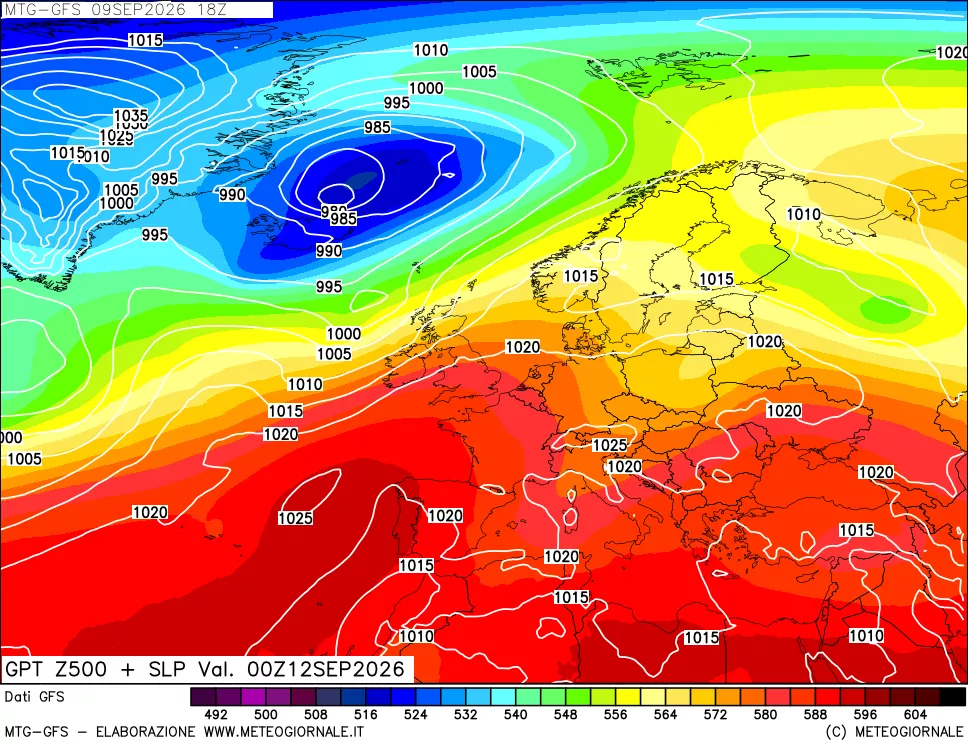 mappa GFS: Geopotenziale a 500 hPa + Pressione sul livello del mare
