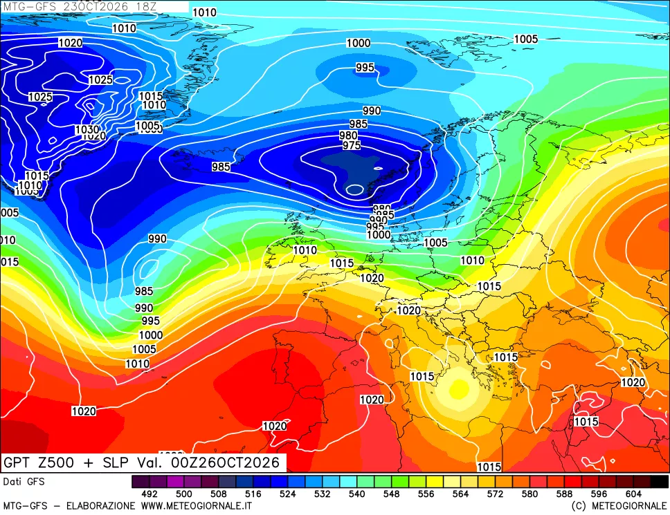 mappa GFS: Geopotenziale a 500 hPa + Pressione sul livello del mare