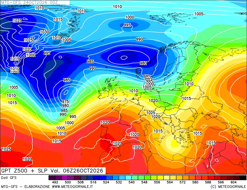 mappa GFS: Geopotenziale a 500 hPa + Pressione sul livello del mare