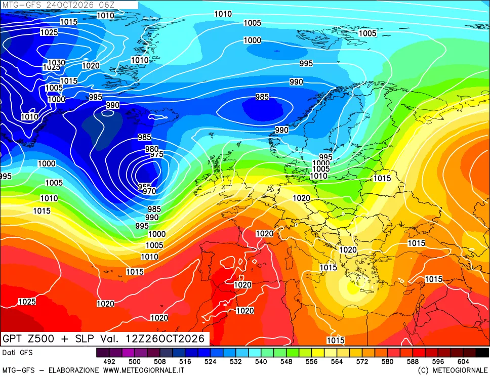 mappa GFS: Geopotenziale a 500 hPa + Pressione sul livello del mare
