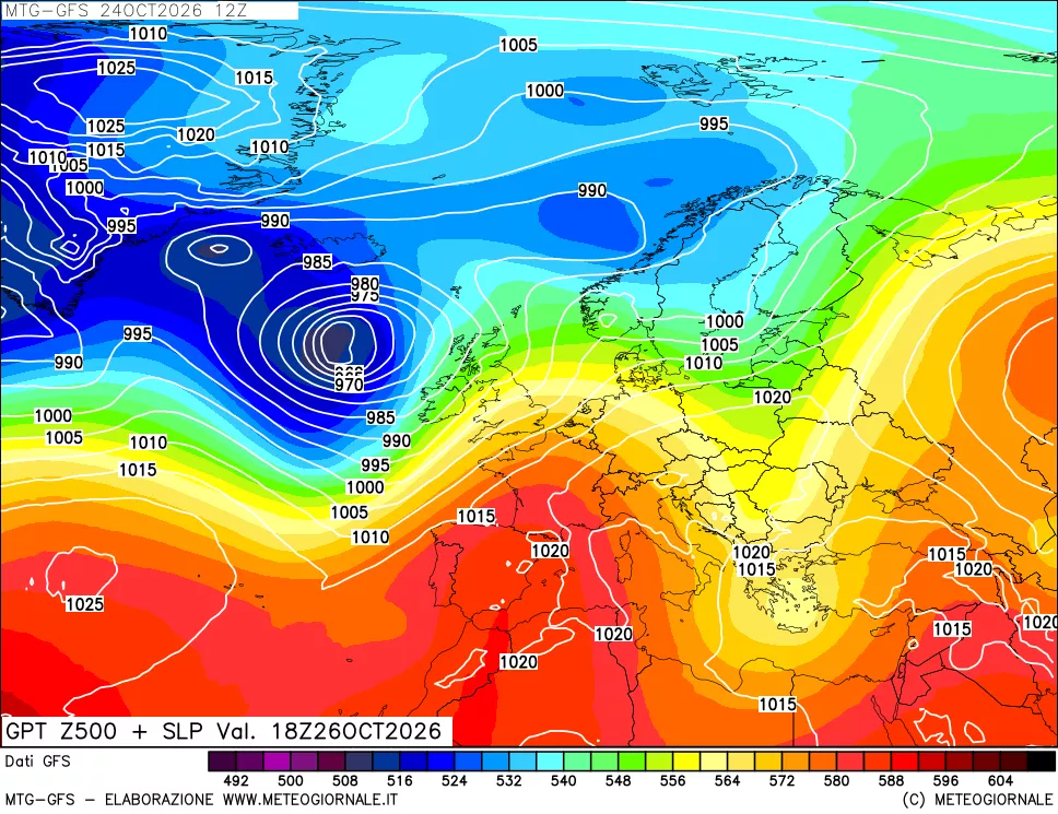 mappa GFS: Geopotenziale a 500 hPa + Pressione sul livello del mare