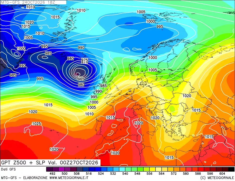 mappa GFS: Geopotenziale a 500 hPa + Pressione sul livello del mare