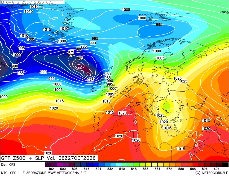 mappa GFS: Geopotenziale a 500 hPa + Pressione sul livello del mare