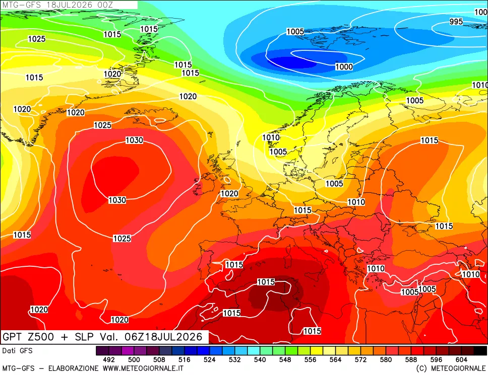 mappa GFS: Geopotenziale a 500 hPa + Pressione sul livello del mare