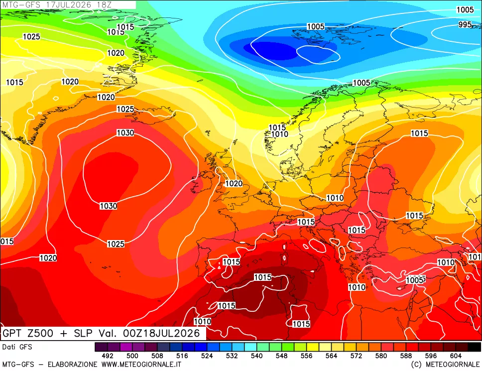 mappa GFS: Geopotenziale a 500 hPa + Pressione sul livello del mare