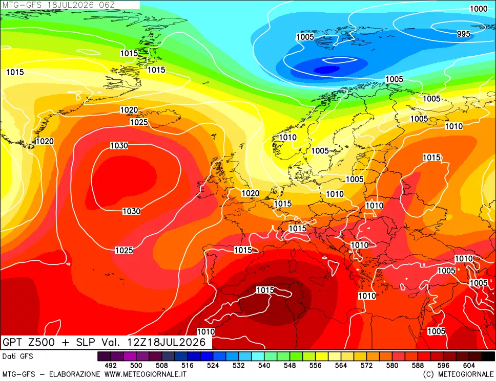 mappa GFS: Geopotenziale a 500 hPa + Pressione sul livello del mare