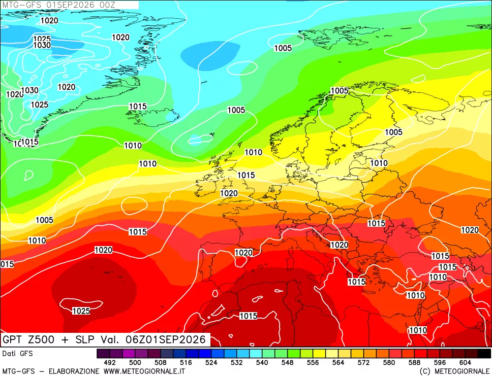 mappa GFS: Geopotenziale a 500 hPa + Pressione sul livello del mare