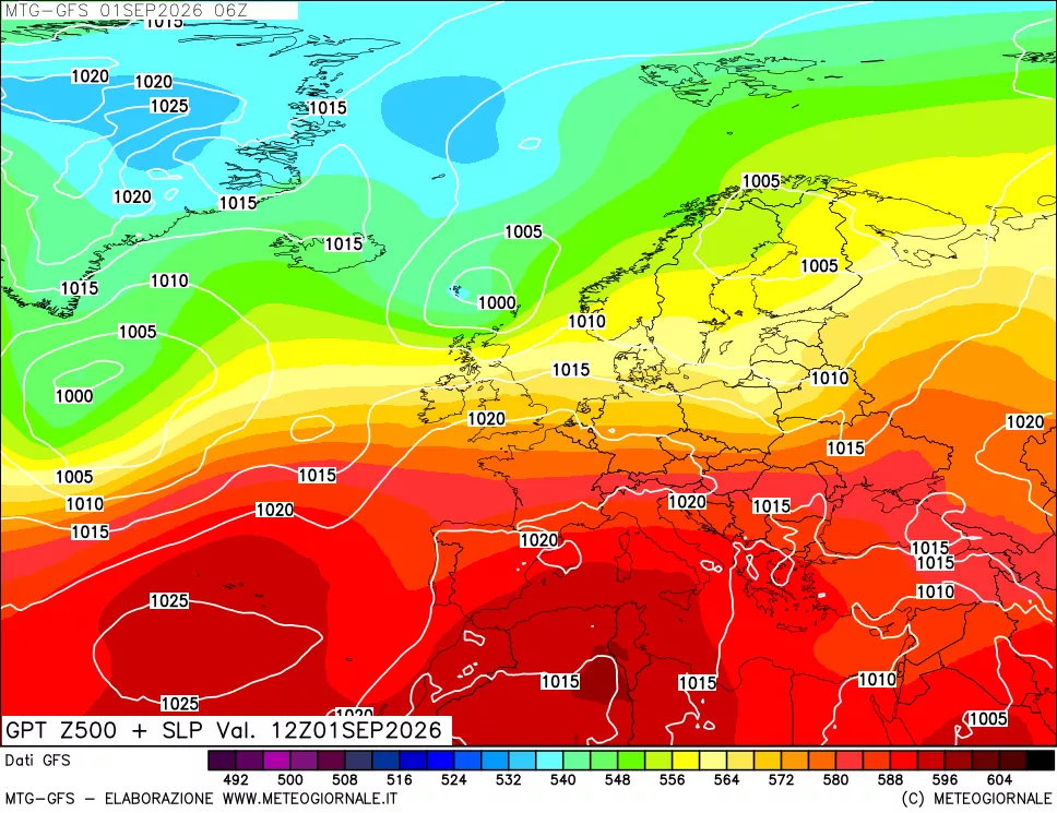 mappa GFS: Geopotenziale a 500 hPa + Pressione sul livello del mare