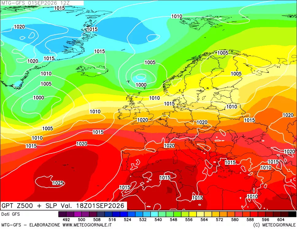 mappa GFS: Geopotenziale a 500 hPa + Pressione sul livello del mare