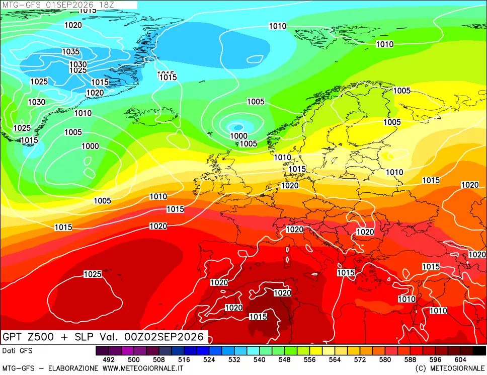 mappa GFS: Geopotenziale a 500 hPa + Pressione sul livello del mare
