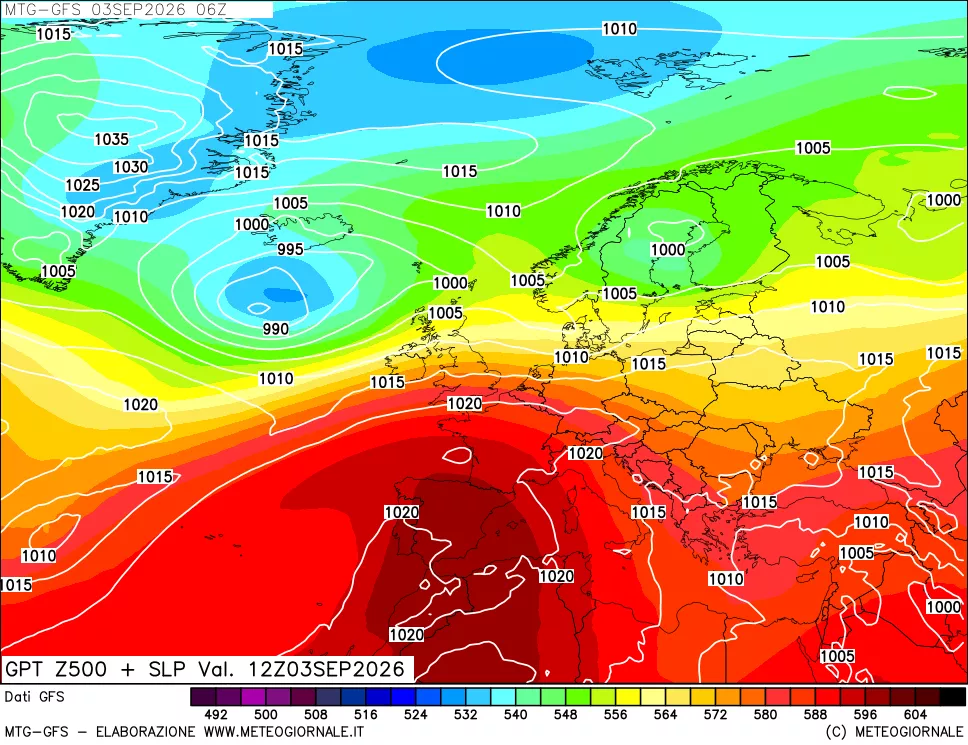 mappa GFS: Geopotenziale a 500 hPa + Pressione sul livello del mare
