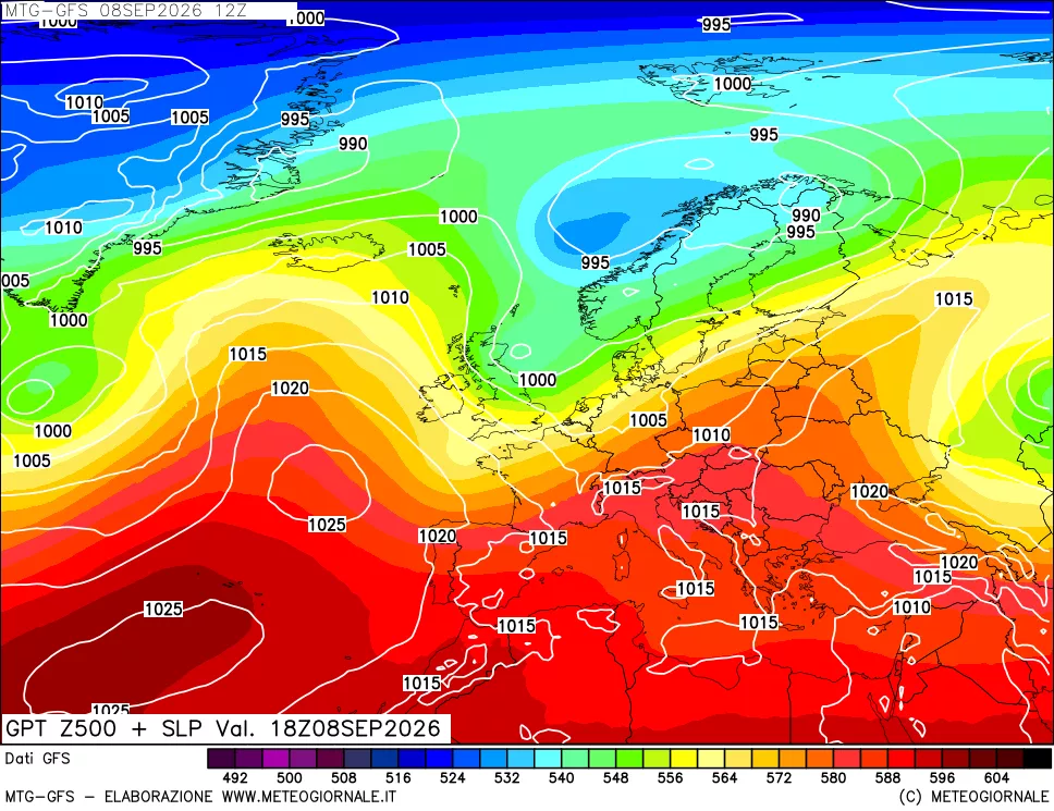 mappa GFS: Geopotenziale a 500 hPa + Pressione sul livello del mare