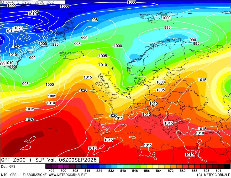 mappa GFS: Geopotenziale a 500 hPa + Pressione sul livello del mare