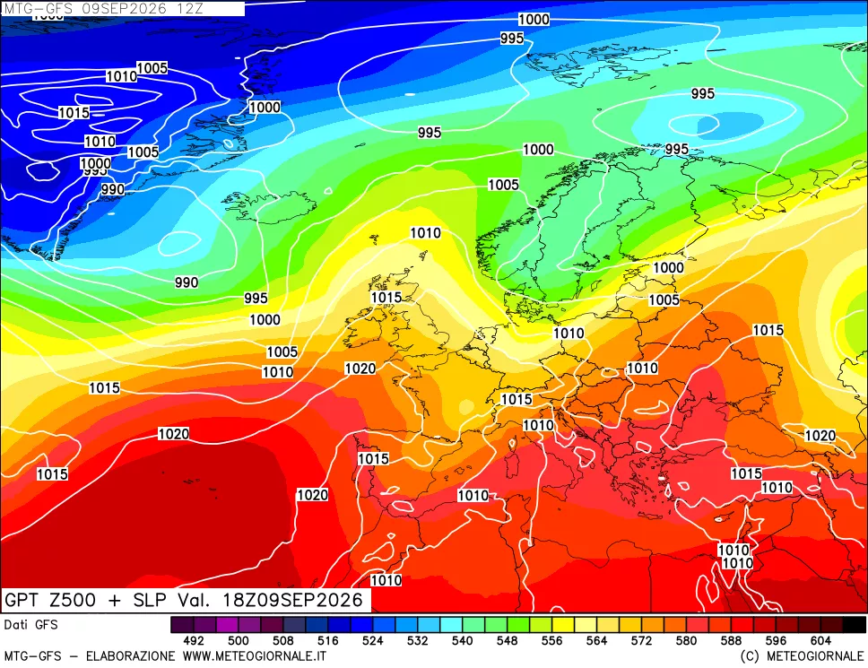 mappa GFS: Geopotenziale a 500 hPa + Pressione sul livello del mare