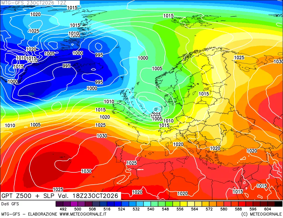 mappa GFS: Geopotenziale a 500 hPa + Pressione sul livello del mare