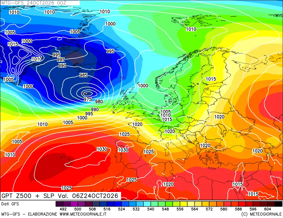 mappa GFS: Geopotenziale a 500 hPa + Pressione sul livello del mare