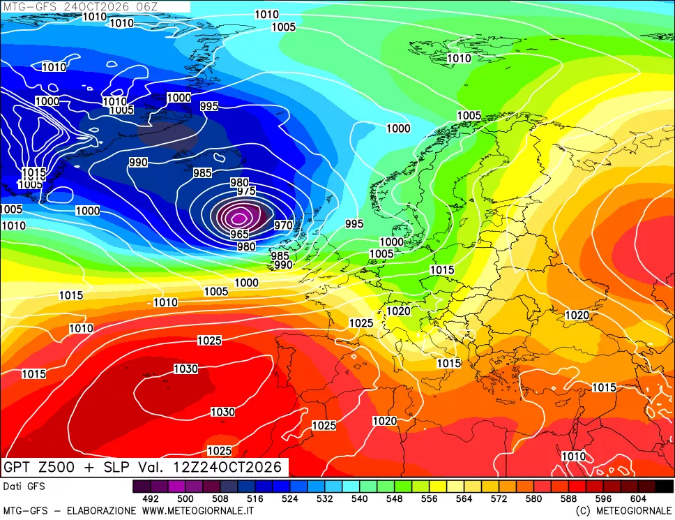 mappa GFS: Geopotenziale a 500 hPa + Pressione sul livello del mare