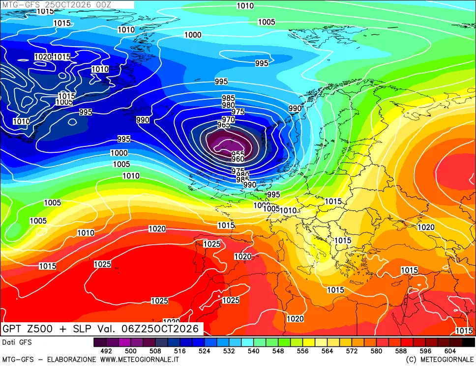 mappa GFS: Geopotenziale a 500 hPa + Pressione sul livello del mare