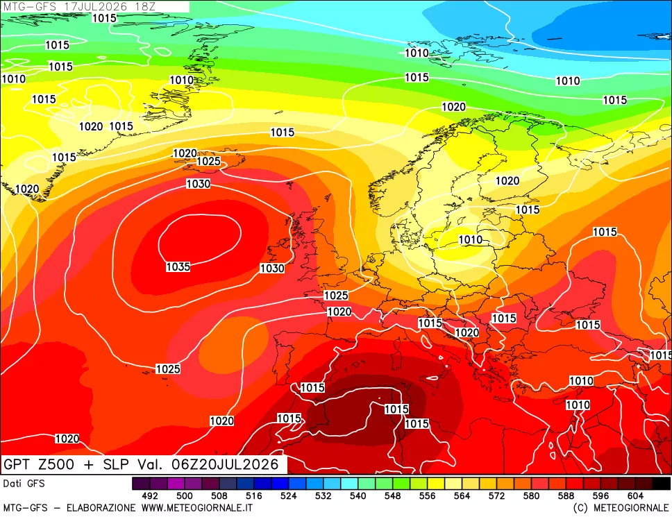 mappa GFS: Geopotenziale a 500 hPa + Pressione sul livello del mare