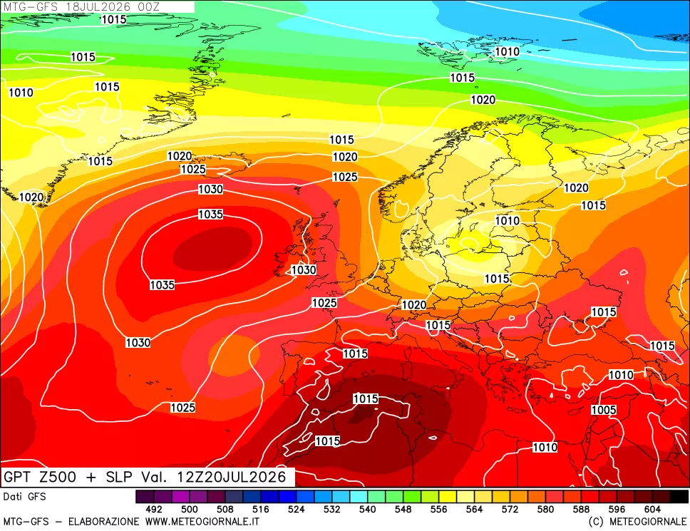 mappa GFS: Geopotenziale a 500 hPa + Pressione sul livello del mare