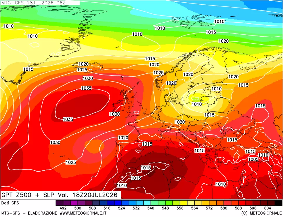 mappa GFS: Geopotenziale a 500 hPa + Pressione sul livello del mare