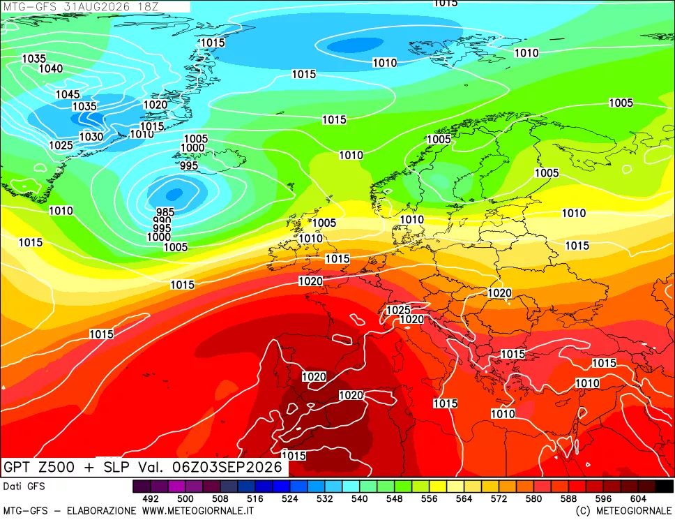 mappa GFS: Geopotenziale a 500 hPa + Pressione sul livello del mare