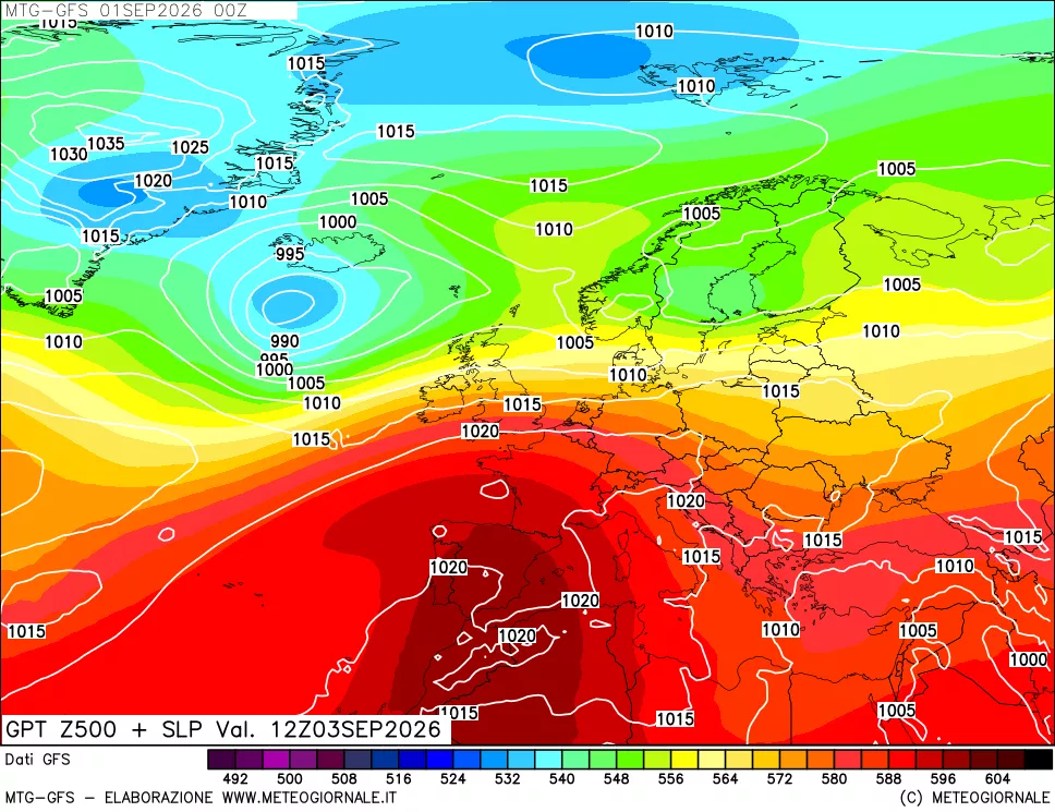 mappa GFS: Geopotenziale a 500 hPa + Pressione sul livello del mare