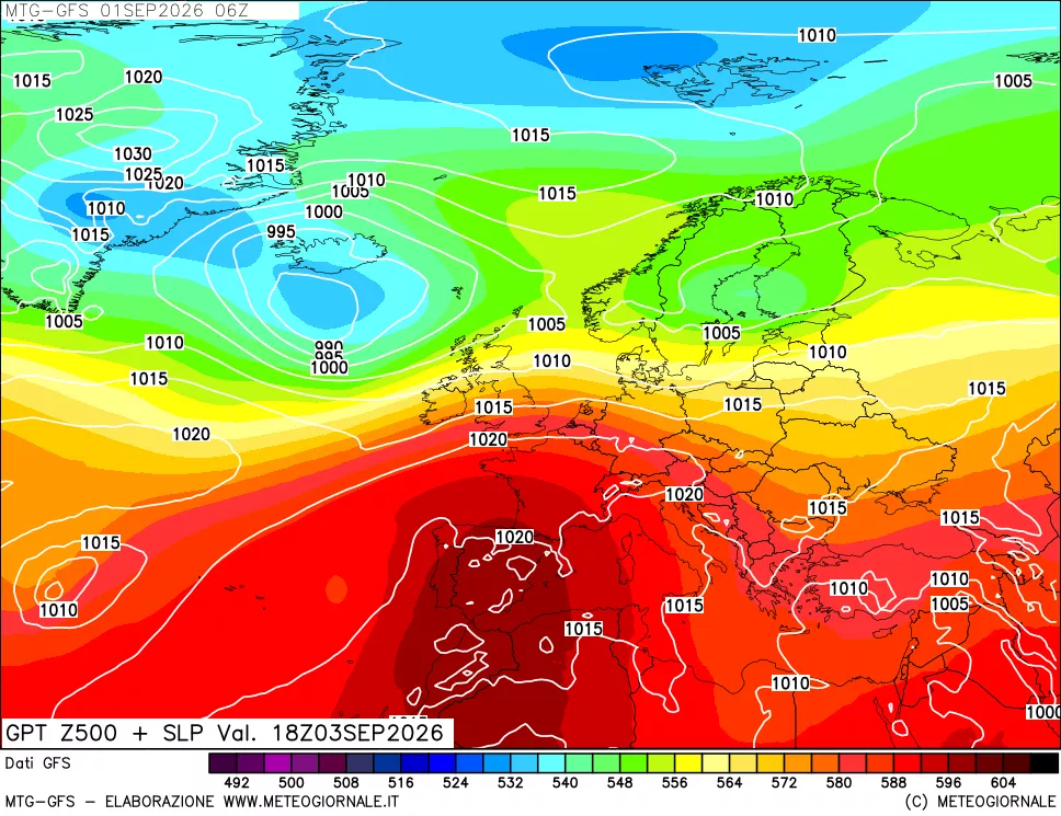 mappa GFS: Geopotenziale a 500 hPa + Pressione sul livello del mare