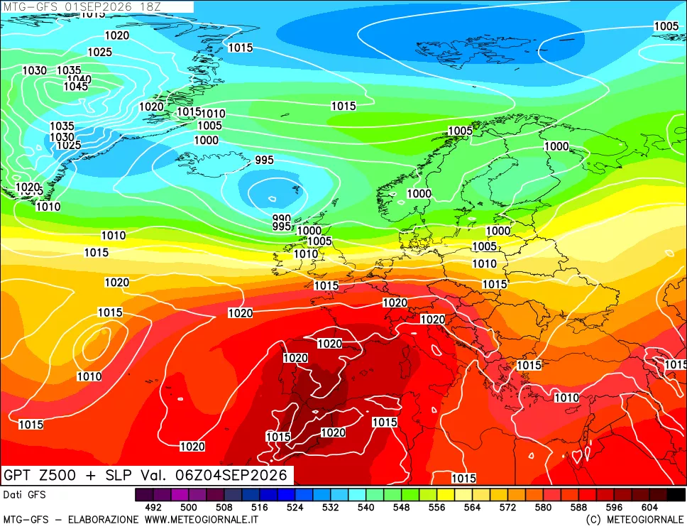 mappa GFS: Geopotenziale a 500 hPa + Pressione sul livello del mare