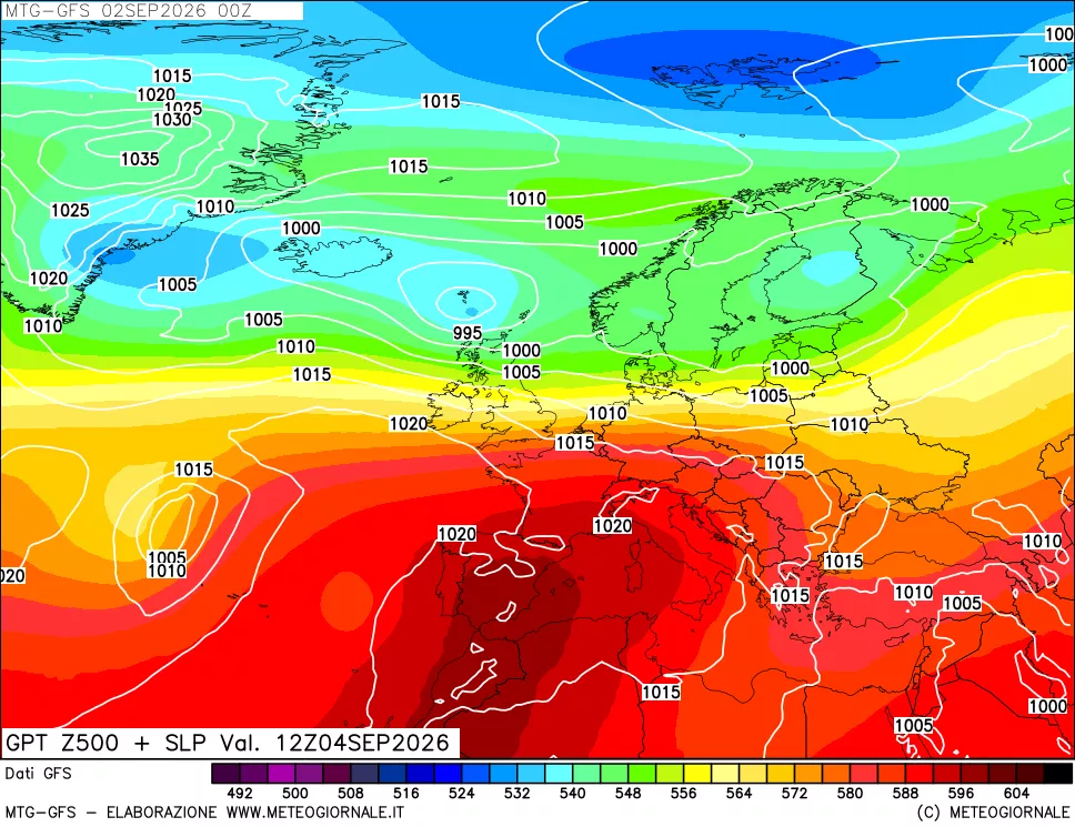 mappa GFS: Geopotenziale a 500 hPa + Pressione sul livello del mare