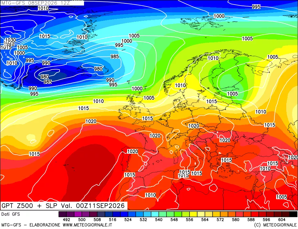 mappa GFS: Geopotenziale a 500 hPa + Pressione sul livello del mare