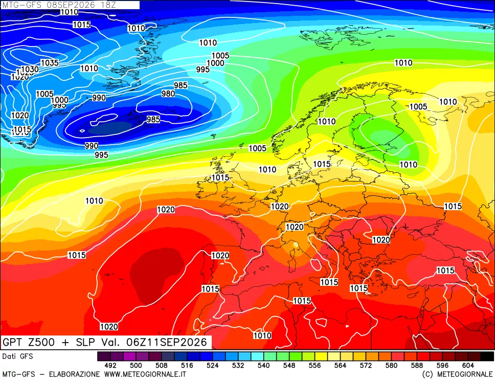 mappa GFS: Geopotenziale a 500 hPa + Pressione sul livello del mare