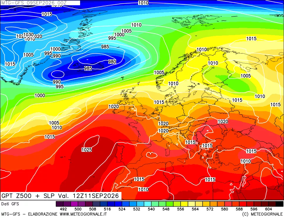 mappa GFS: Geopotenziale a 500 hPa + Pressione sul livello del mare