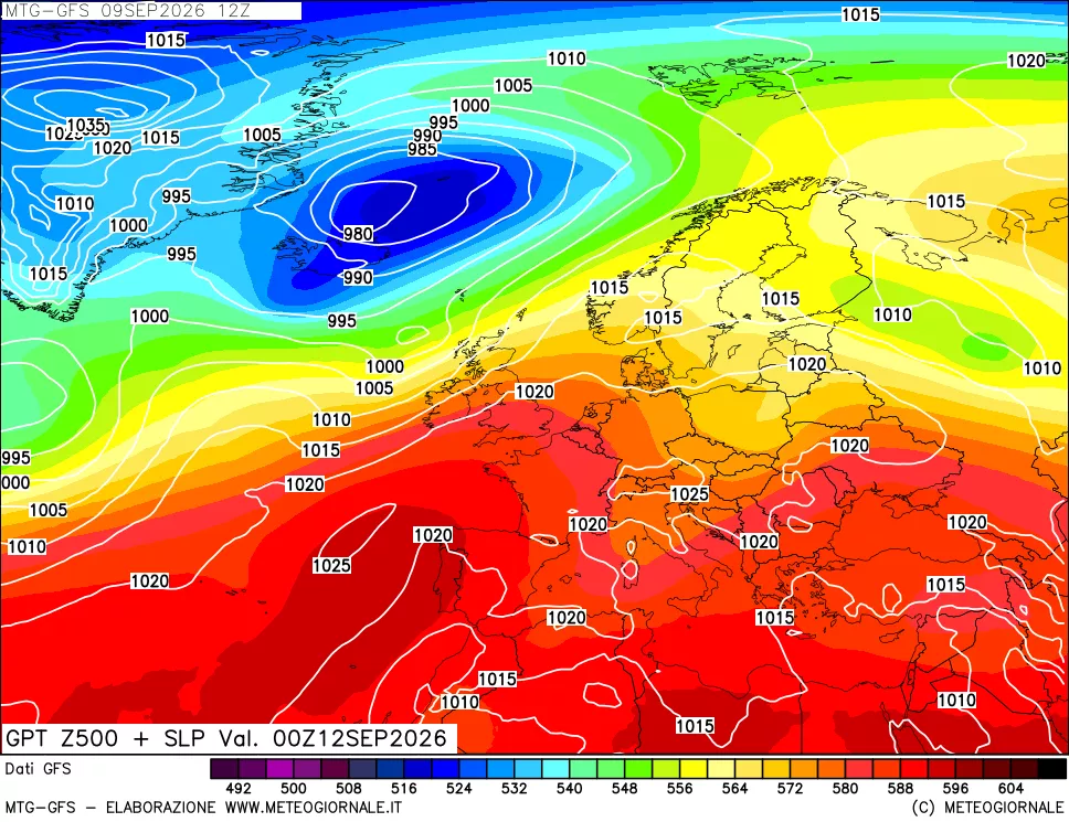 mappa GFS: Geopotenziale a 500 hPa + Pressione sul livello del mare