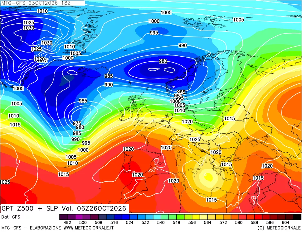 mappa GFS: Geopotenziale a 500 hPa + Pressione sul livello del mare