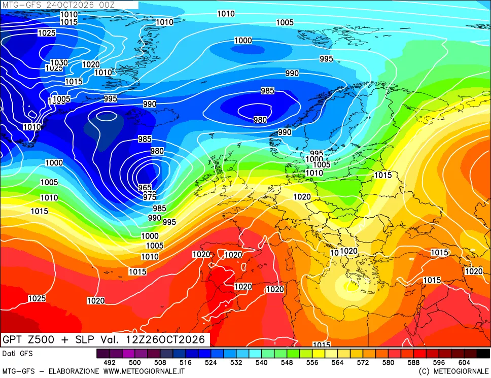 mappa GFS: Geopotenziale a 500 hPa + Pressione sul livello del mare
