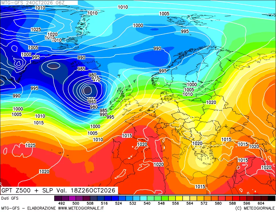 mappa GFS: Geopotenziale a 500 hPa + Pressione sul livello del mare