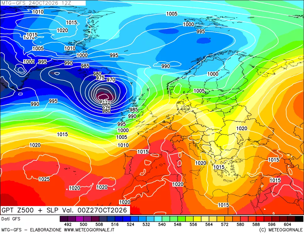 mappa GFS: Geopotenziale a 500 hPa + Pressione sul livello del mare