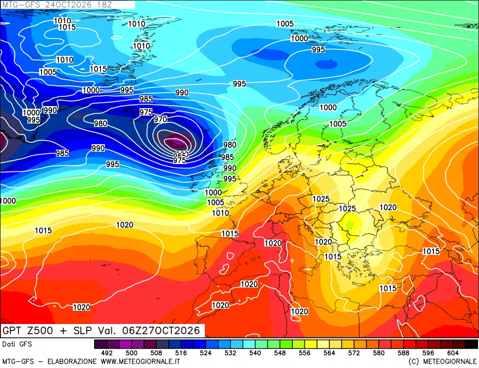 mappa GFS: Geopotenziale a 500 hPa + Pressione sul livello del mare